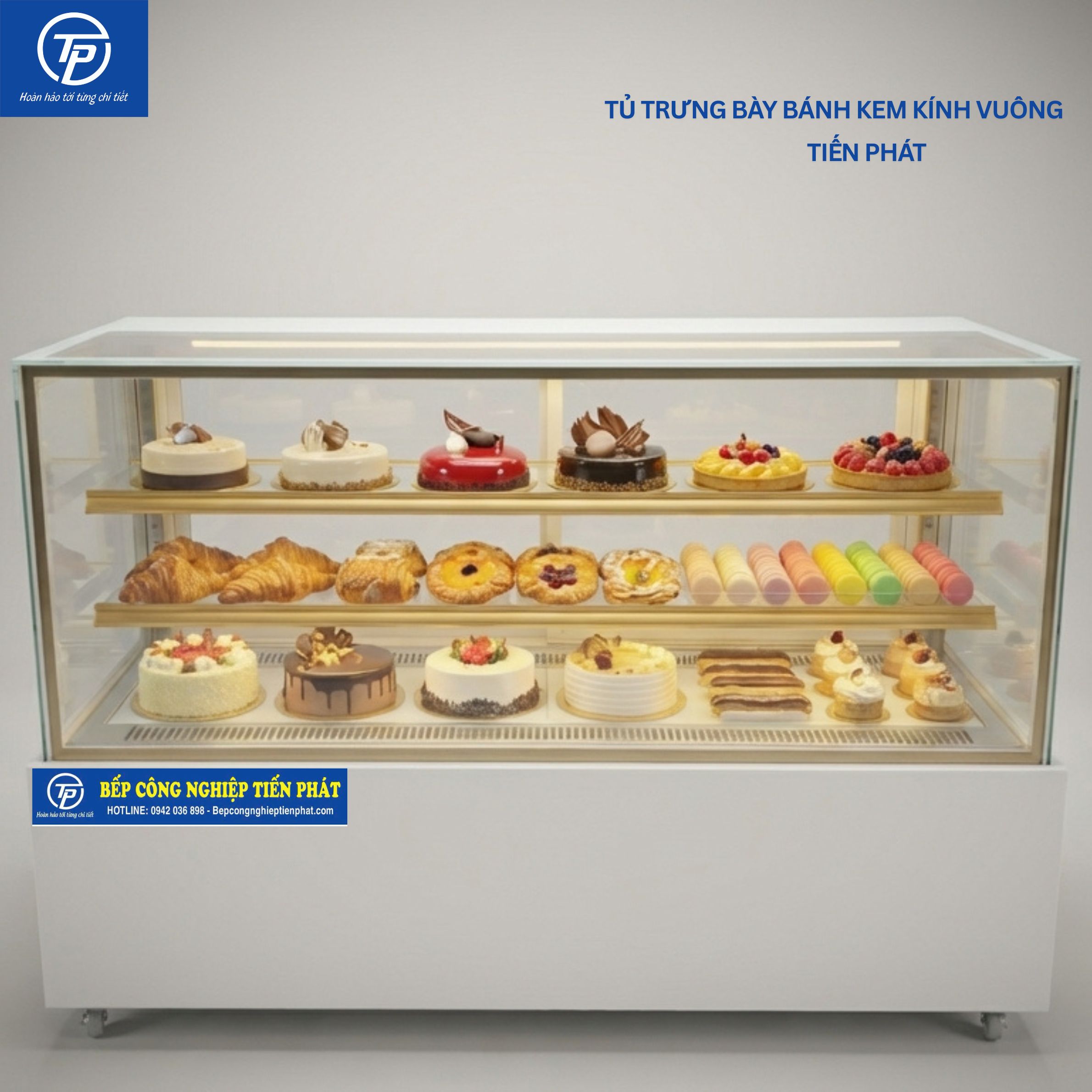 Tủ Trưng Bày Bánh Kem Kính Vuông 3 Tầng 120cm